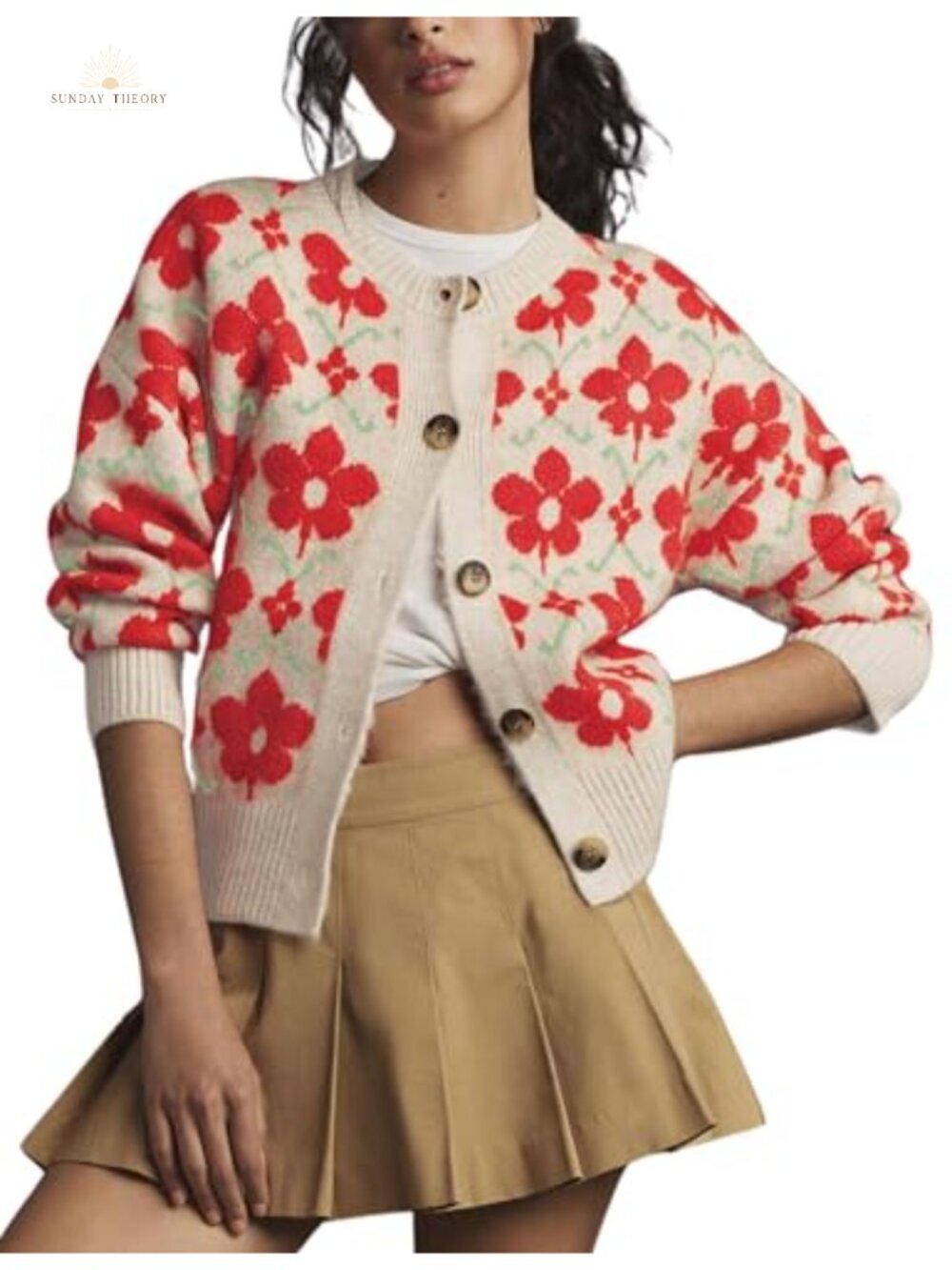 Women's Floral Cardigan Sweater Open Front Long Sleeve Button Down Knit